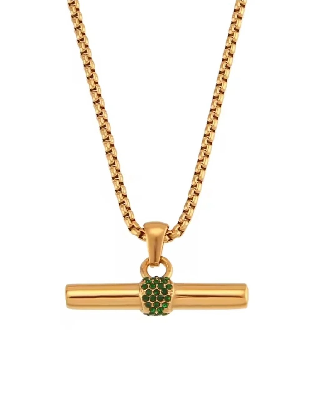 Gold Bar Pendant Necklace with Green Accent